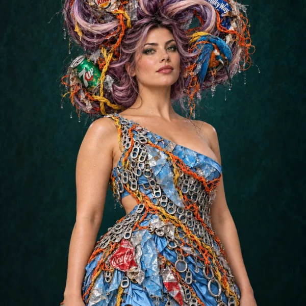 Volledig kunstwerk: Lilac hair, sky-blue couture, and kingfisher