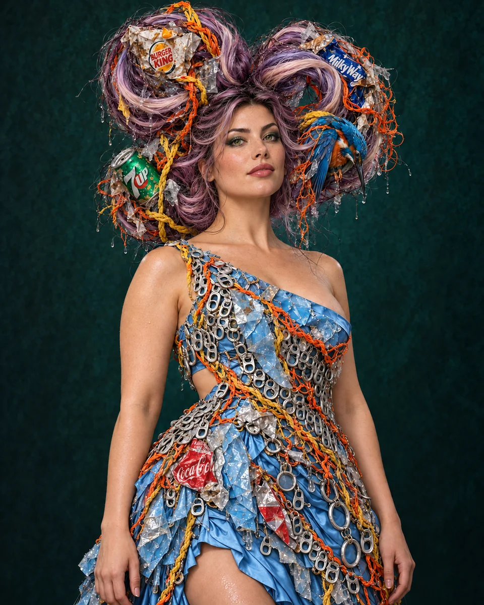 Volledig kunstwerk: Lilac hair, sky-blue couture, and kingfisher