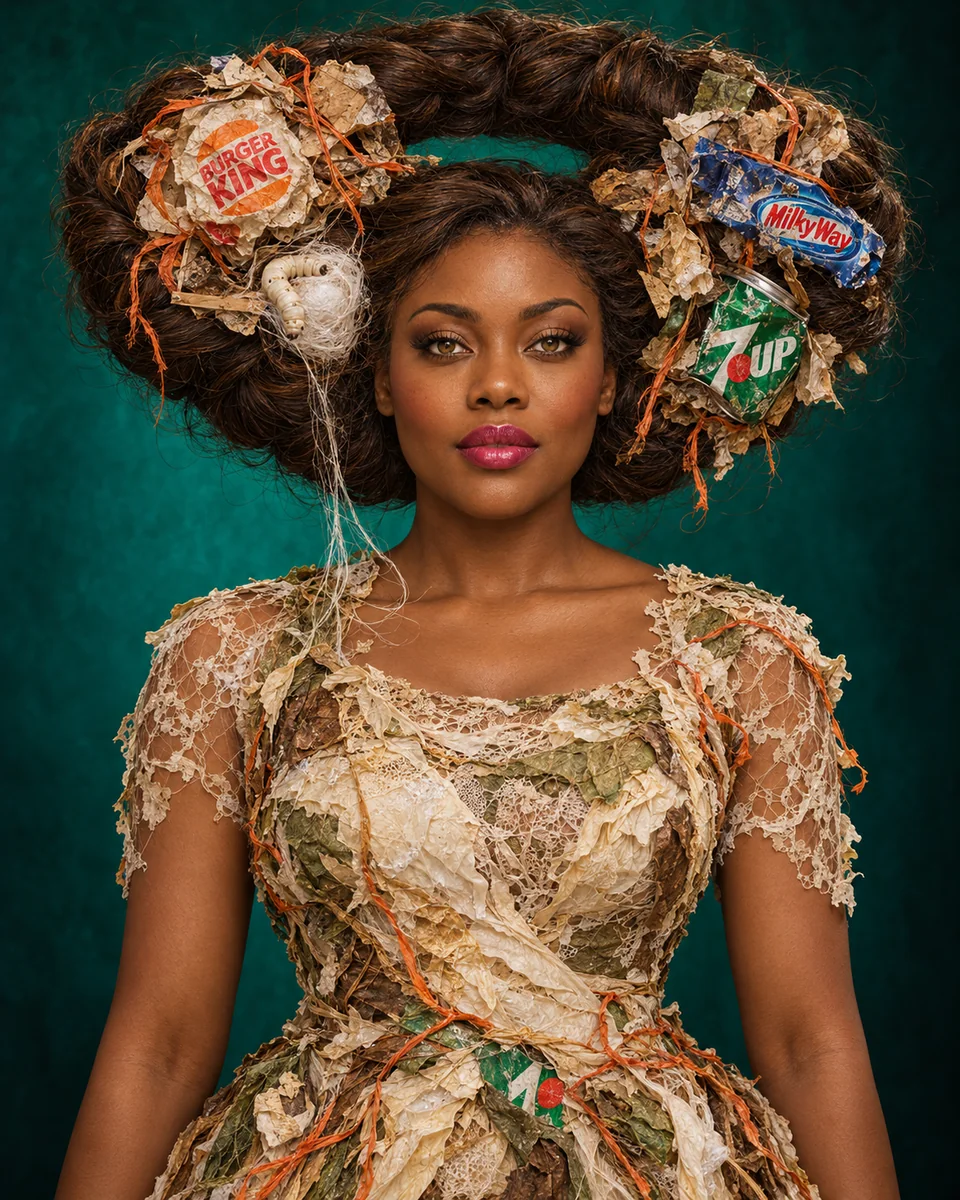 Volledig kunstwerk: Recycled silk crown with silkworm