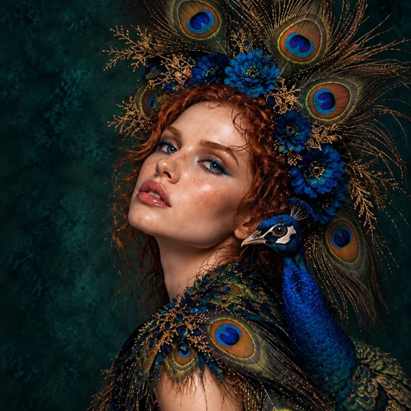 Vrouw met roodbruin haar, blauwe bloemen en pauwenveren naast een felblauwe pauw tegen donker petrol.