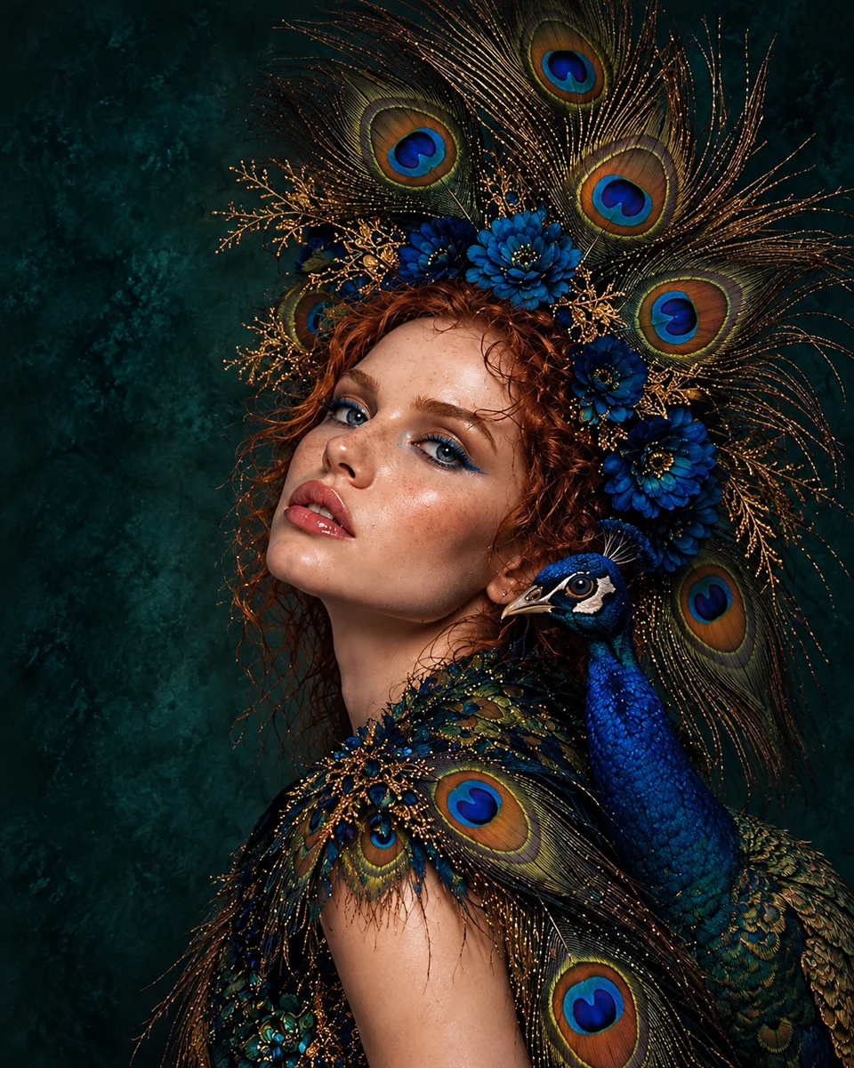 Vrouw met roodbruin haar, blauwe bloemen en pauwenveren naast een felblauwe pauw tegen donker petrol.