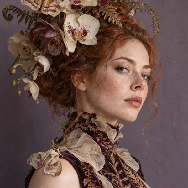 Vrouw in donkere couture met een hoge kroon van orchideeën, varens en een lichte mot tegen een gedempte paarse achtergrond.