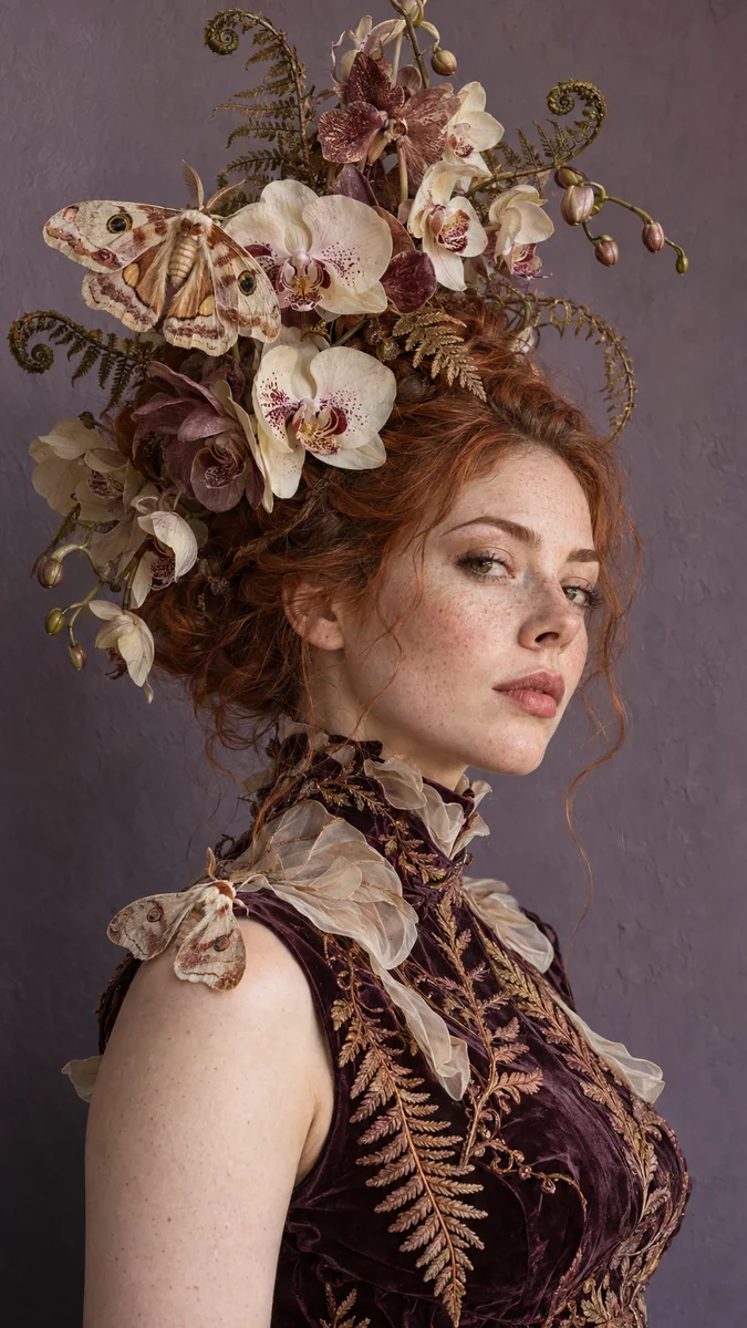 Vrouw in donkere couture met een hoge kroon van orchideeën, varens en een lichte mot tegen een gedempte paarse achtergrond.