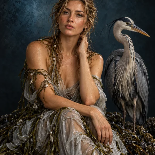 Zittende vrouw in grijze stof en zeewierachtige draden naast een reiger, tegen een donkerblauwe achtergrond.