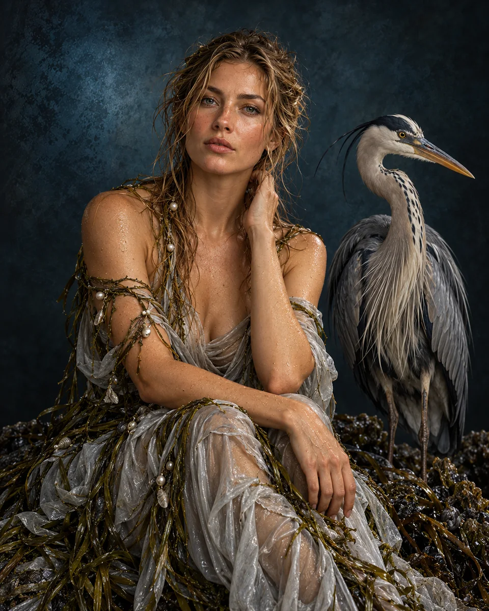 Zittende vrouw in grijze stof en zeewierachtige draden naast een reiger, tegen een donkerblauwe achtergrond.