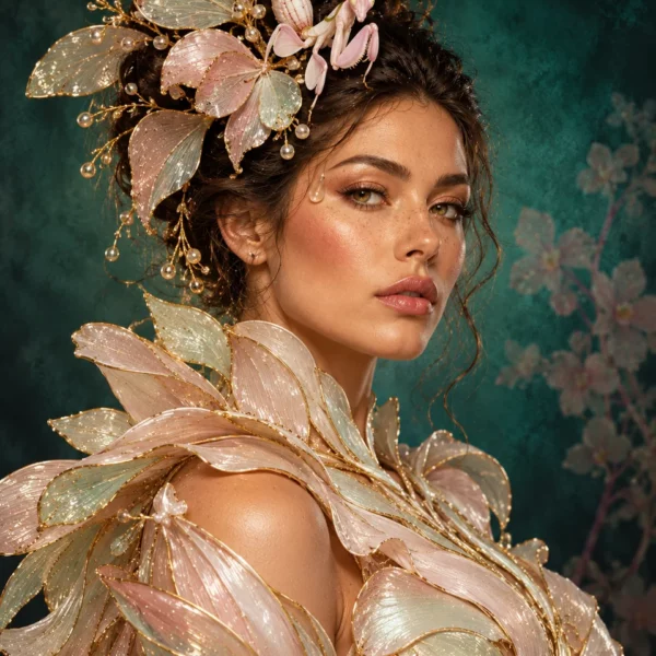 Portret met roze en mintkleurige bladachtige couture en een lichte bidsprinkhaan in het haar.
