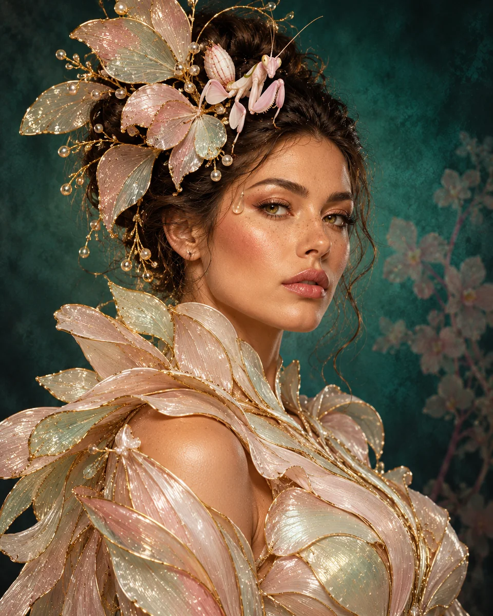 Portret met roze en mintkleurige bladachtige couture en een lichte bidsprinkhaan in het haar.