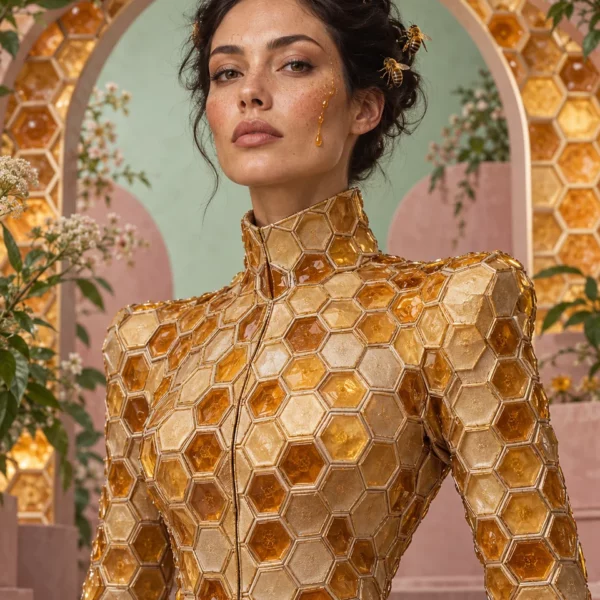 Vrouw in amberkleurige honingraatcouture met bijen in haar haar, voor een lichte ronde boog.