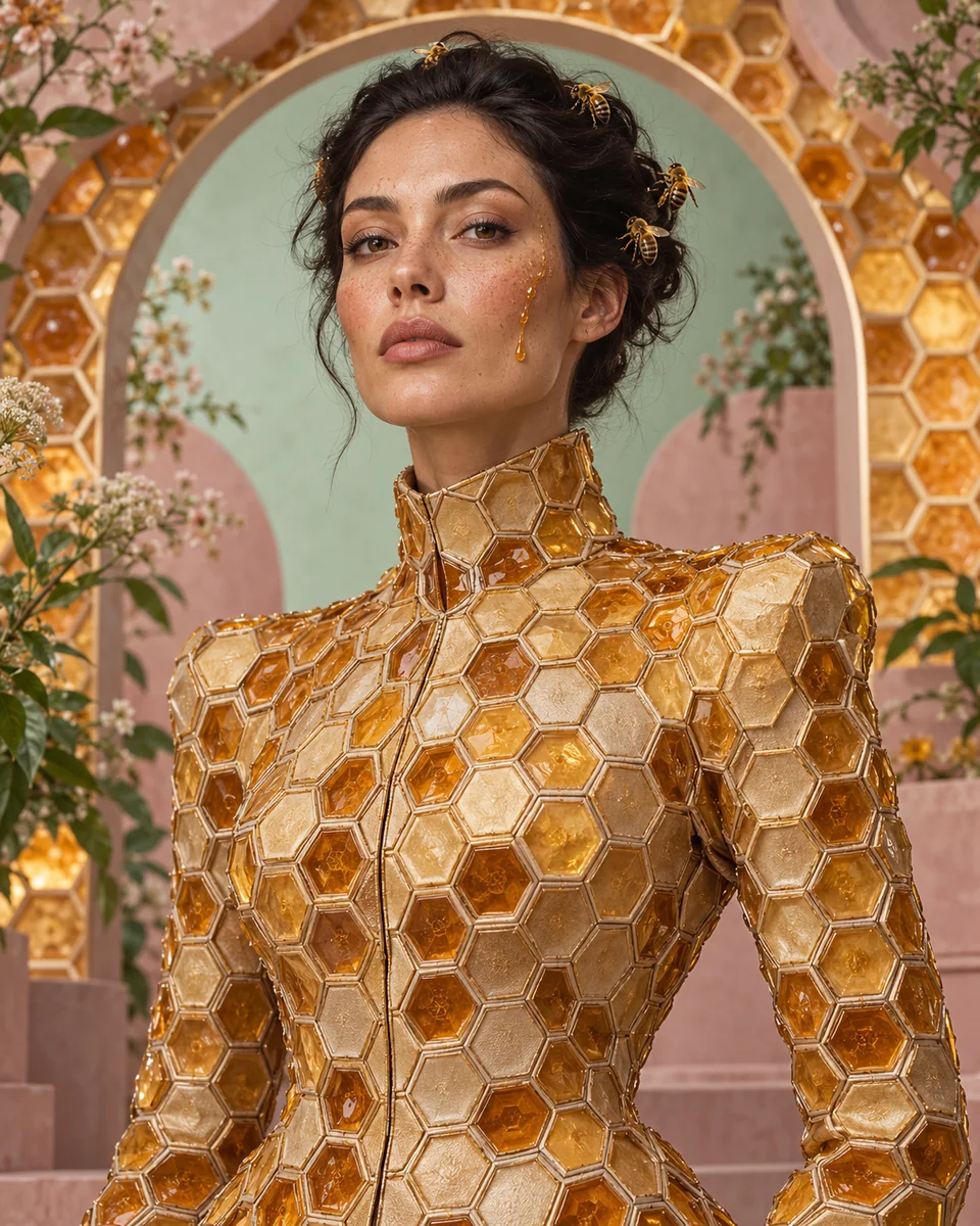 Vrouw in amberkleurige honingraatcouture met bijen in haar haar, voor een lichte ronde boog.