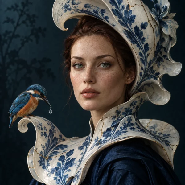 Vrouwenportret met blauw-witte porseleinachtige kraag en hoofdtooi, met een ijsvogel op een gekrulde rand.