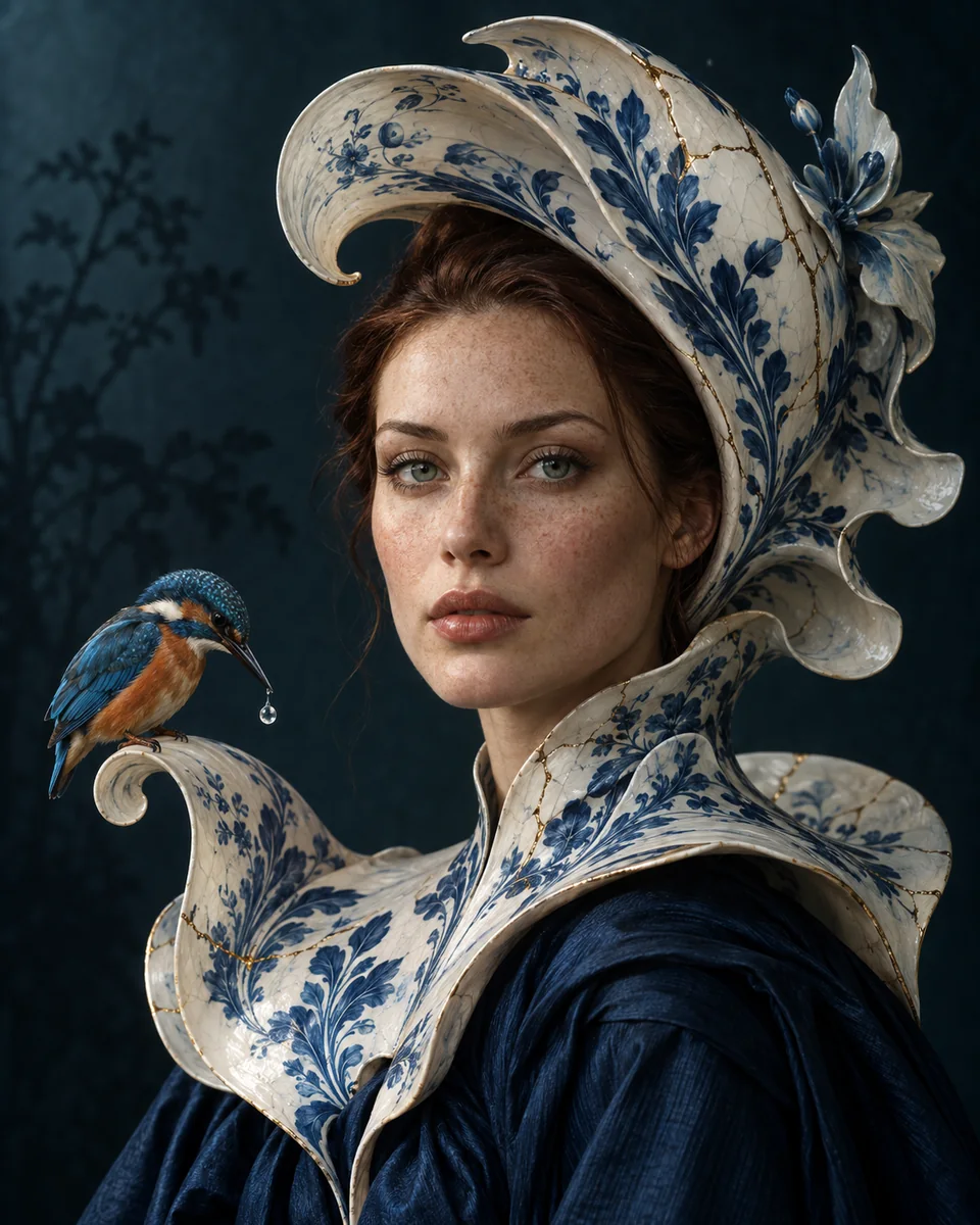 Vrouwenportret met blauw-witte porseleinachtige kraag en hoofdtooi, met een ijsvogel op een gekrulde rand.