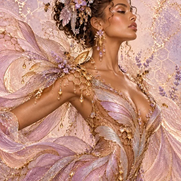 Volledig kunstwerk: Lavendelgouden couture met een kolibriekroon