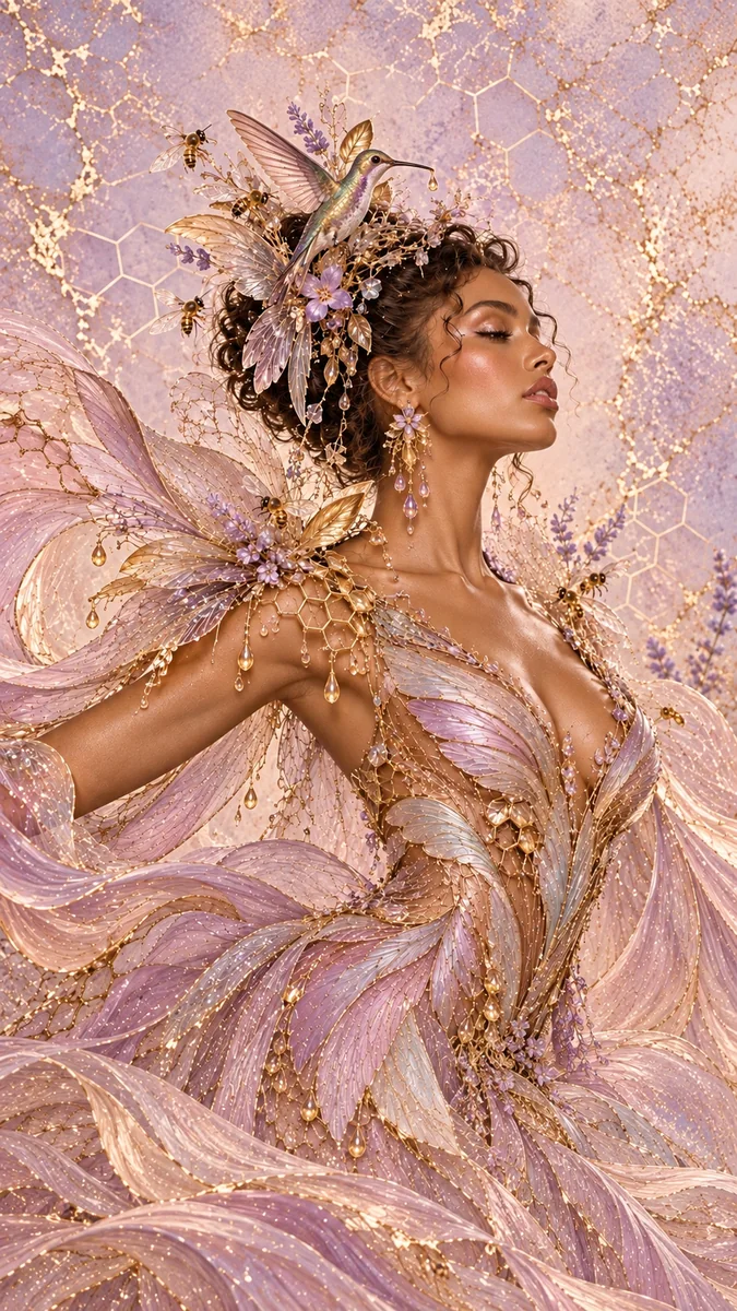 Volledig kunstwerk: Lavendelgouden couture met een kolibriekroon