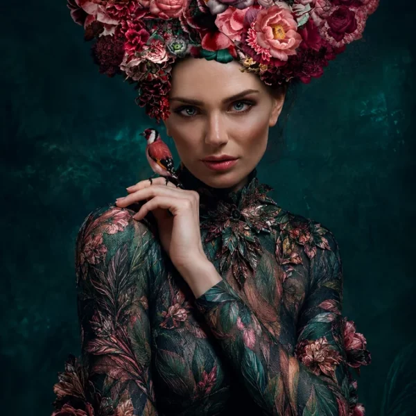 Vrouw met grote roze bloemenkroon, donkere gebloemde kleding en een rood-zwarte vogel op haar hand.