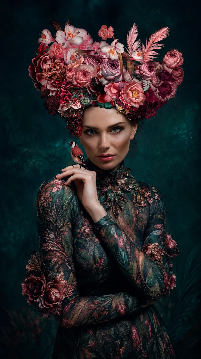 Vrouw met grote roze bloemenkroon, donkere gebloemde kleding en een rood-zwarte vogel op haar hand.
