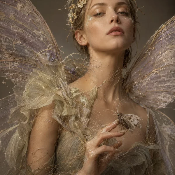 Vrouw met lichte vleugelachtige couture en fijne gouden draden, met een kleine mot op haar opgestoken hand.