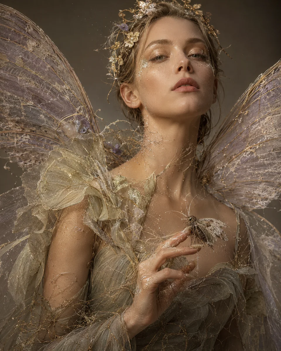 Vrouw met lichte vleugelachtige couture en fijne gouden draden, met een kleine mot op haar opgestoken hand.