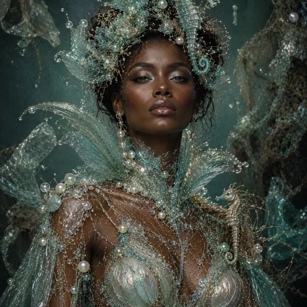 Vrouwenportret met zeegroene glanzende couture, parels en zeepaardachtige ornamenten in de hoofdtooi.
