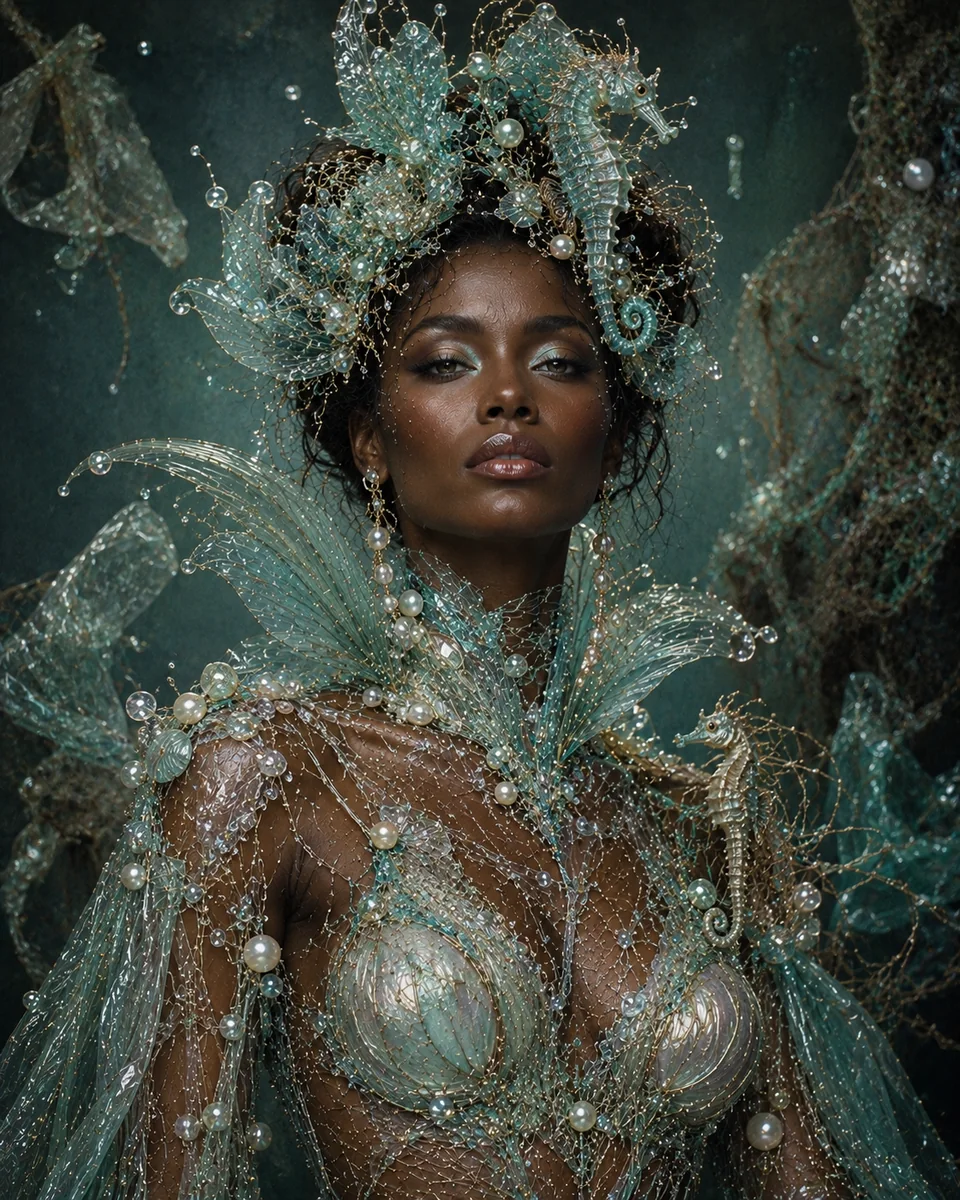 Vrouwenportret met zeegroene glanzende couture, parels en zeepaardachtige ornamenten in de hoofdtooi.