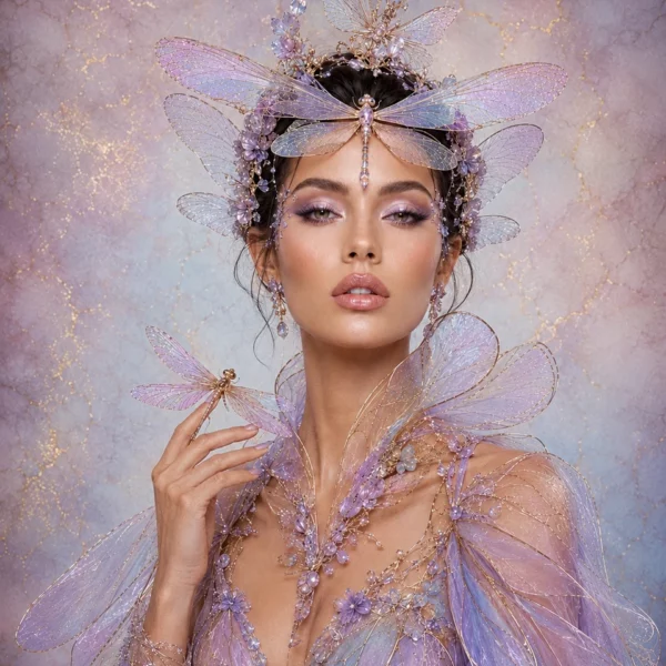 Vrouwenportret in lavendelkleurige couture, met grote libelvormen bij het voorhoofd en een libel op de hand.