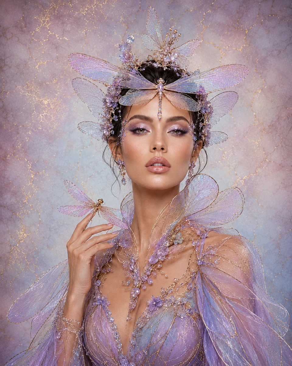 Vrouwenportret in lavendelkleurige couture, met grote libelvormen bij het voorhoofd en een libel op de hand.