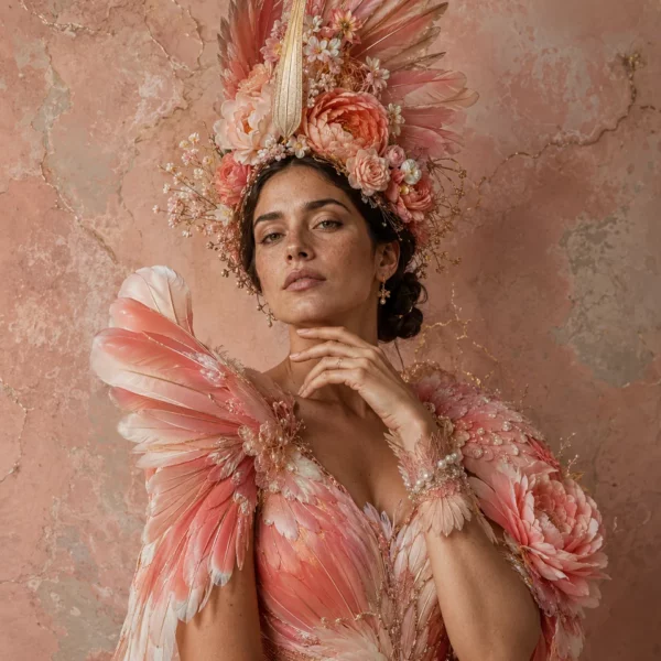 Vrouw in koraalroze veerachtige couture en bloemenkroon, met haar hand onder de kin tegen een roze achtergrond.