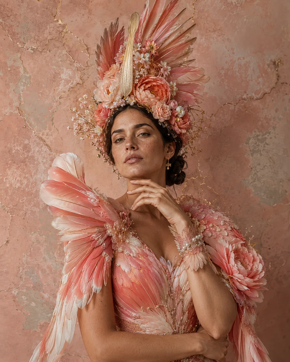 Vrouw in koraalroze veerachtige couture en bloemenkroon, met haar hand onder de kin tegen een roze achtergrond.