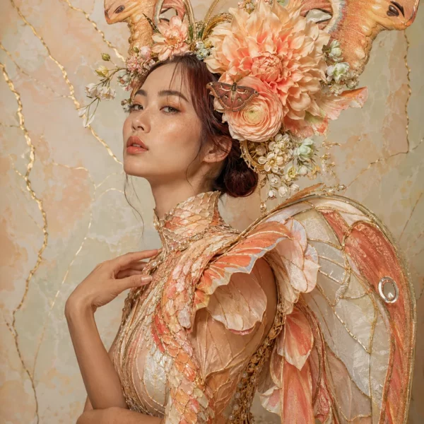 Zijwaarts vrouwenportret met abrikooskleurige bloemen, motvleugels en goudomrande bladachtige couture.
