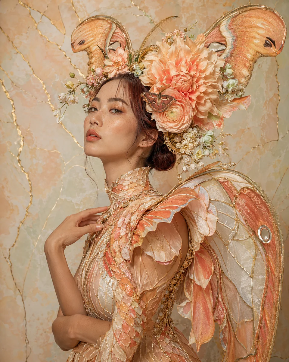 Zijwaarts vrouwenportret met abrikooskleurige bloemen, motvleugels en goudomrande bladachtige couture.