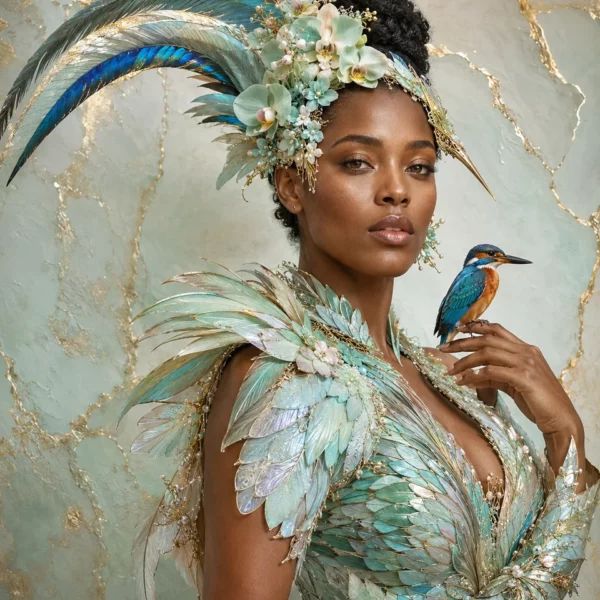 Vrouw in mintgroene orchidee- en veerachtige couture, met een blauw-oranje ijsvogel op haar hand.