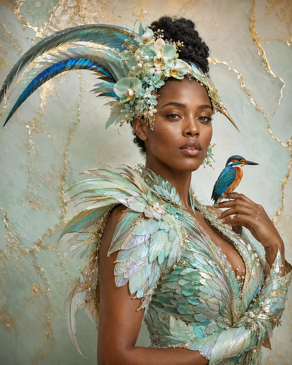 Vrouw in mintgroene orchidee- en veerachtige couture, met een blauw-oranje ijsvogel op haar hand.