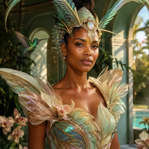 Volledig kunstwerk: Kolibrie-orchidee in mintgroene couture