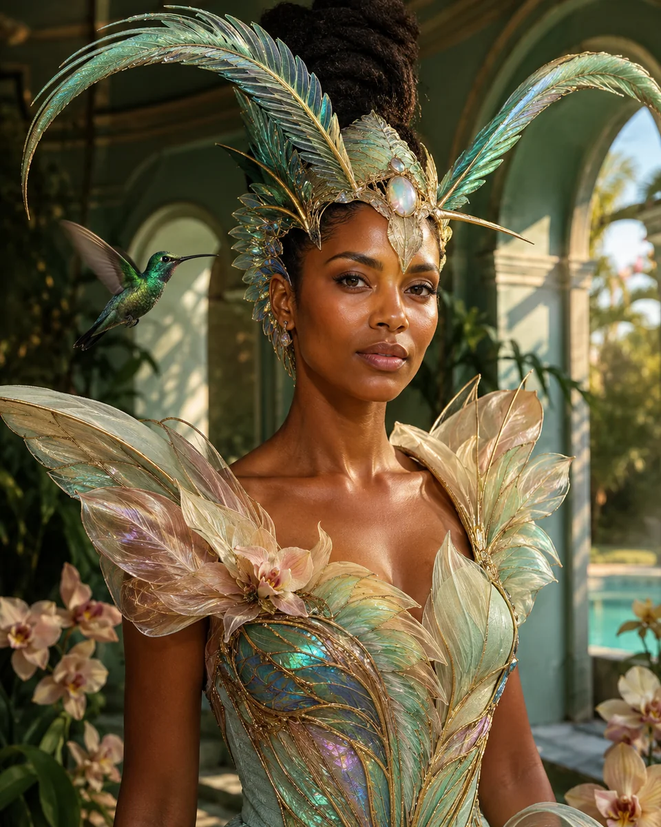 Volledig kunstwerk: Kolibrie-orchidee in mintgroene couture