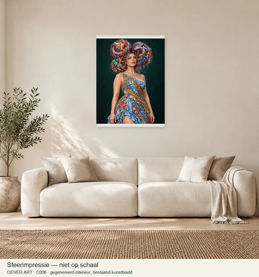 Lilac hair, sky-blue couture, and kingfisher — sfeerimpressie in gegenereerd interieur; niet op schaal