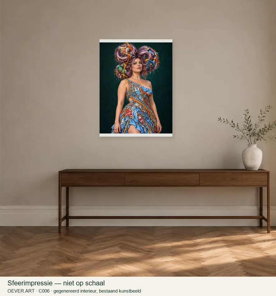 Lilac hair, sky-blue couture, and kingfisher — sfeerimpressie in gegenereerd interieur; niet op schaal