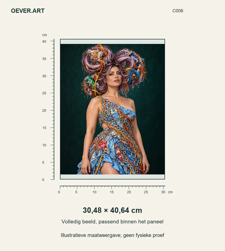 Lilac hair, sky-blue couture, and kingfisher — illustratieve maatweergave 30,48 × 40,64 cm; geen fysieke proef
