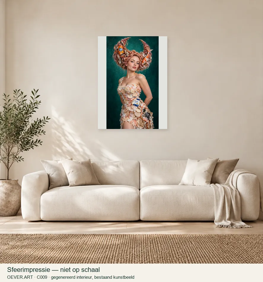 Rose-gold crescent, soap couture, weary koi — sfeerimpressie in gegenereerd interieur; niet op schaal