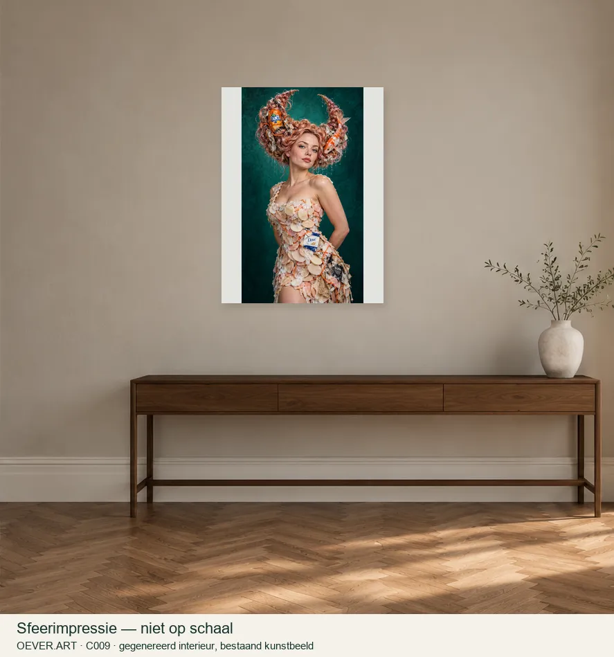 Rose-gold crescent, soap couture, weary koi — sfeerimpressie in gegenereerd interieur; niet op schaal