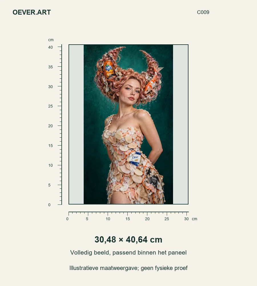 Rose-gold crescent, soap couture, weary koi — illustratieve maatweergave 30,48 × 40,64 cm; geen fysieke proef