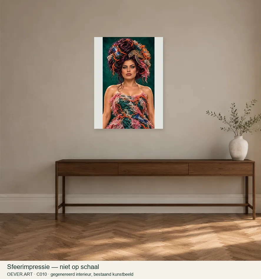 Portret met paarse rozenharen en zeeschildpad — sfeerimpressie in gegenereerd interieur; niet op schaal