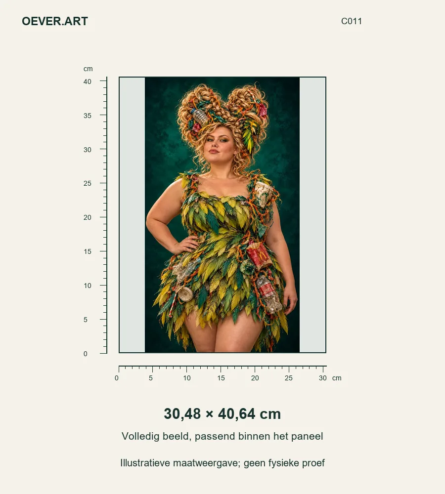 Zeegroene verentooi met uitgeputte ijsvogel — illustratieve maatweergave 30,48 × 40,64 cm; geen fysieke proef