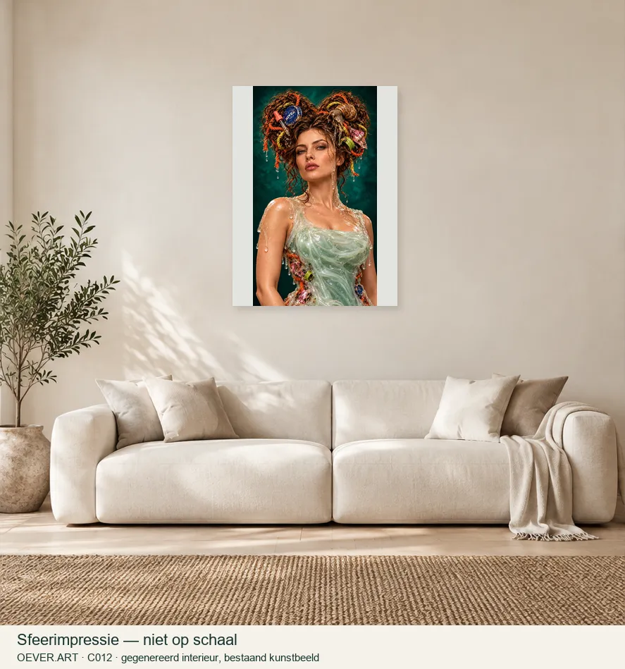 Surrealistisch portret met slak in geljurk — sfeerimpressie in gegenereerd interieur; niet op schaal