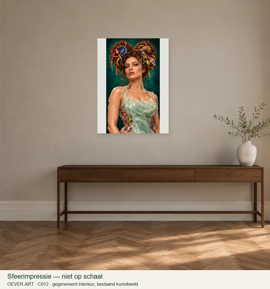 Surrealistisch portret met slak in geljurk — sfeerimpressie in gegenereerd interieur; niet op schaal