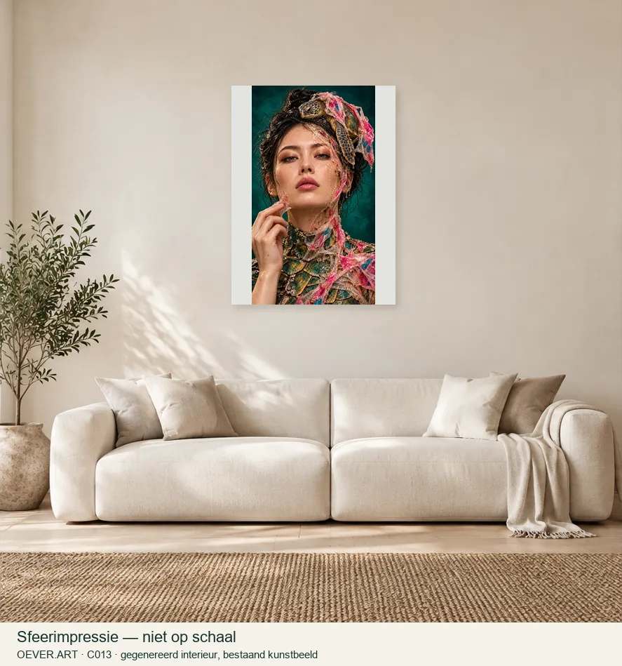 Turquoise Sea Turtle and Plastic Portrait — sfeerimpressie in gegenereerd interieur; niet op schaal