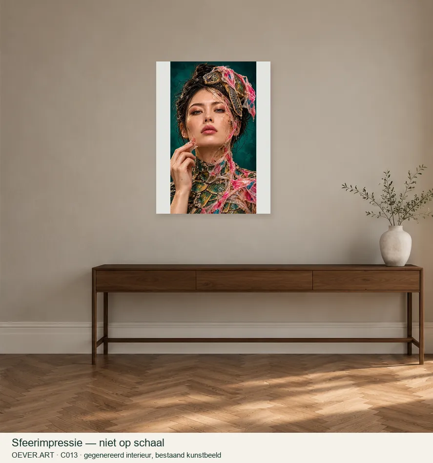 Turquoise Sea Turtle and Plastic Portrait — sfeerimpressie in gegenereerd interieur; niet op schaal