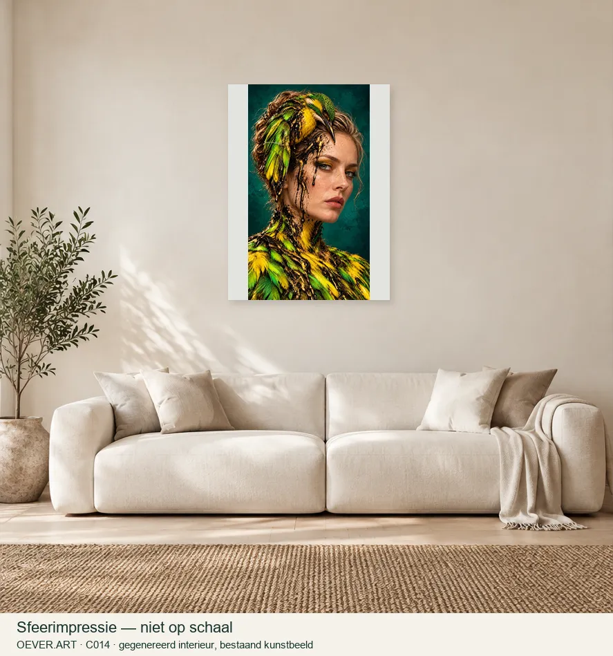 Chartreuse Kingfisher, Black-Gold Drips — sfeerimpressie in gegenereerd interieur; niet op schaal