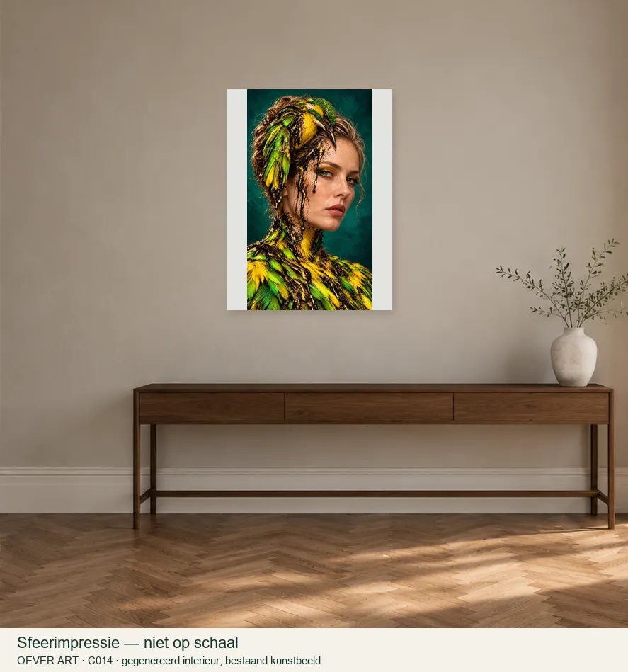 Chartreuse Kingfisher, Black-Gold Drips — sfeerimpressie in gegenereerd interieur; niet op schaal