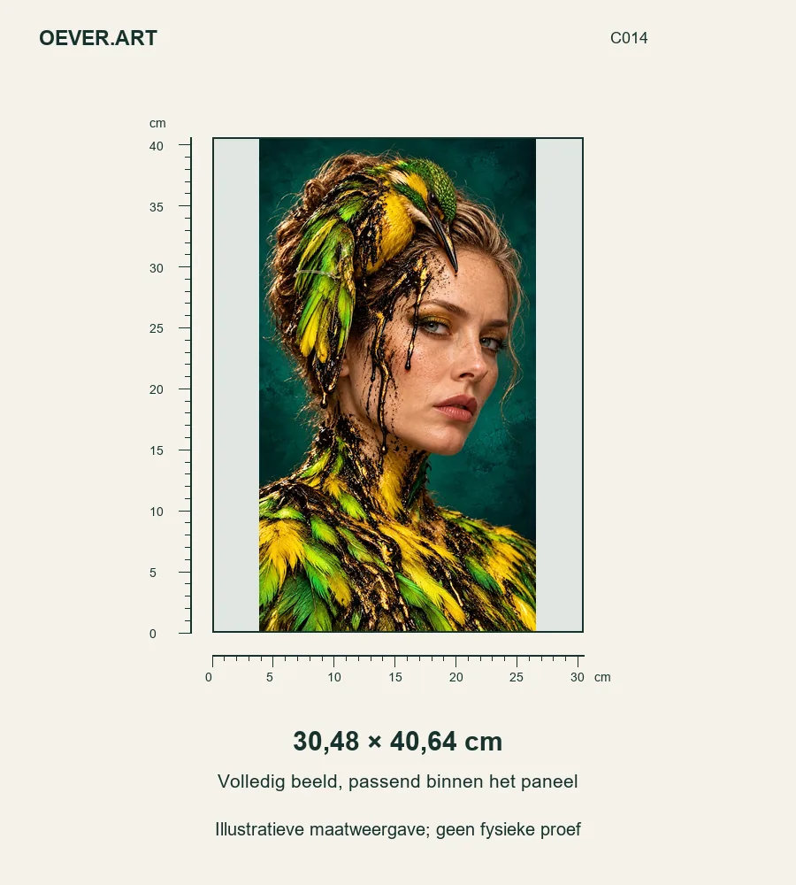 Chartreuse Kingfisher, Black-Gold Drips — illustratieve maatweergave 30,48 × 40,64 cm; geen fysieke proef