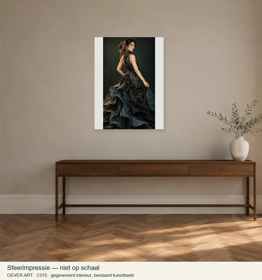 The last ink, tangled beauty — sfeerimpressie in gegenereerd interieur; niet op schaal
