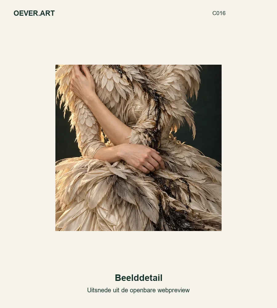 Feathered couture under black oil — beelddetail uit openbare webpreview